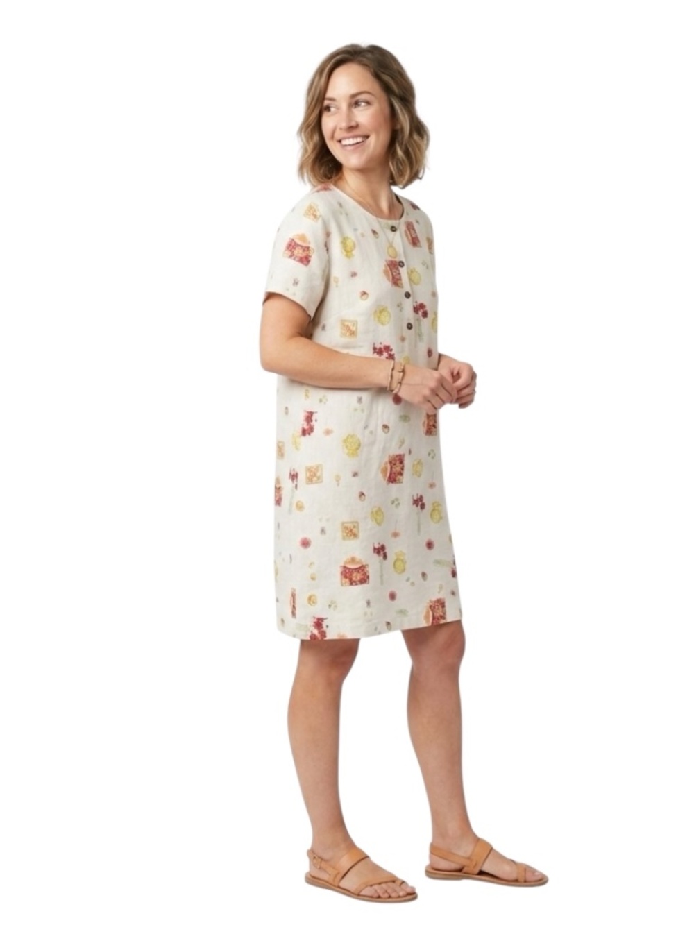 Kiko 100% Linen Shift Dress Sz L Novelty Print Cottagecore Mori Kei Modest Artsy